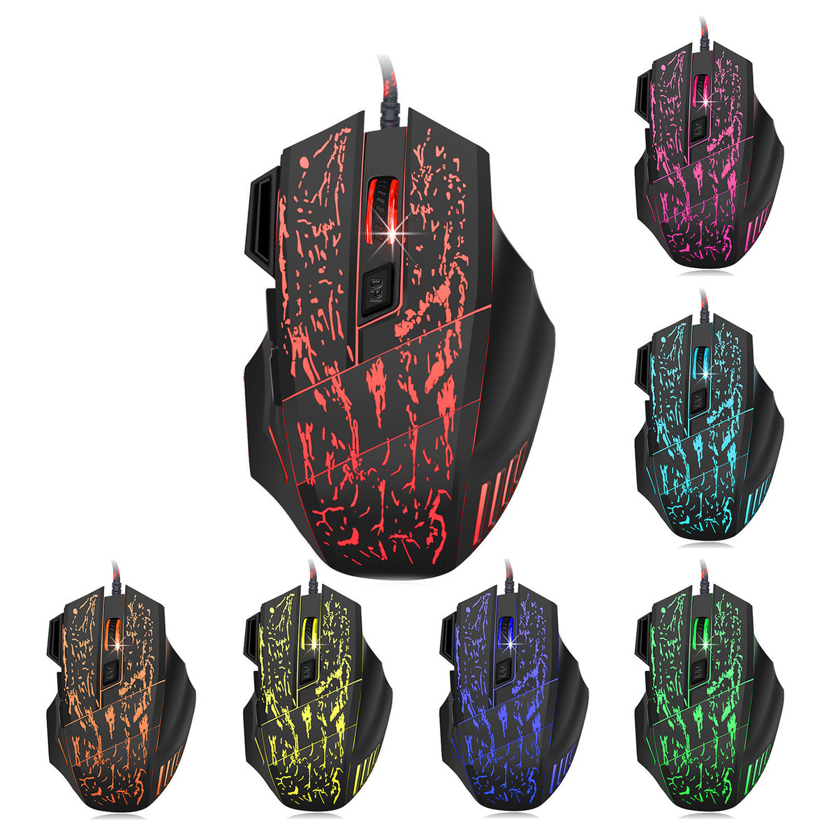 HXSJ Flow Crack RGB Gaming Mouse — 7-Button Wired Mouse with LED Lighting