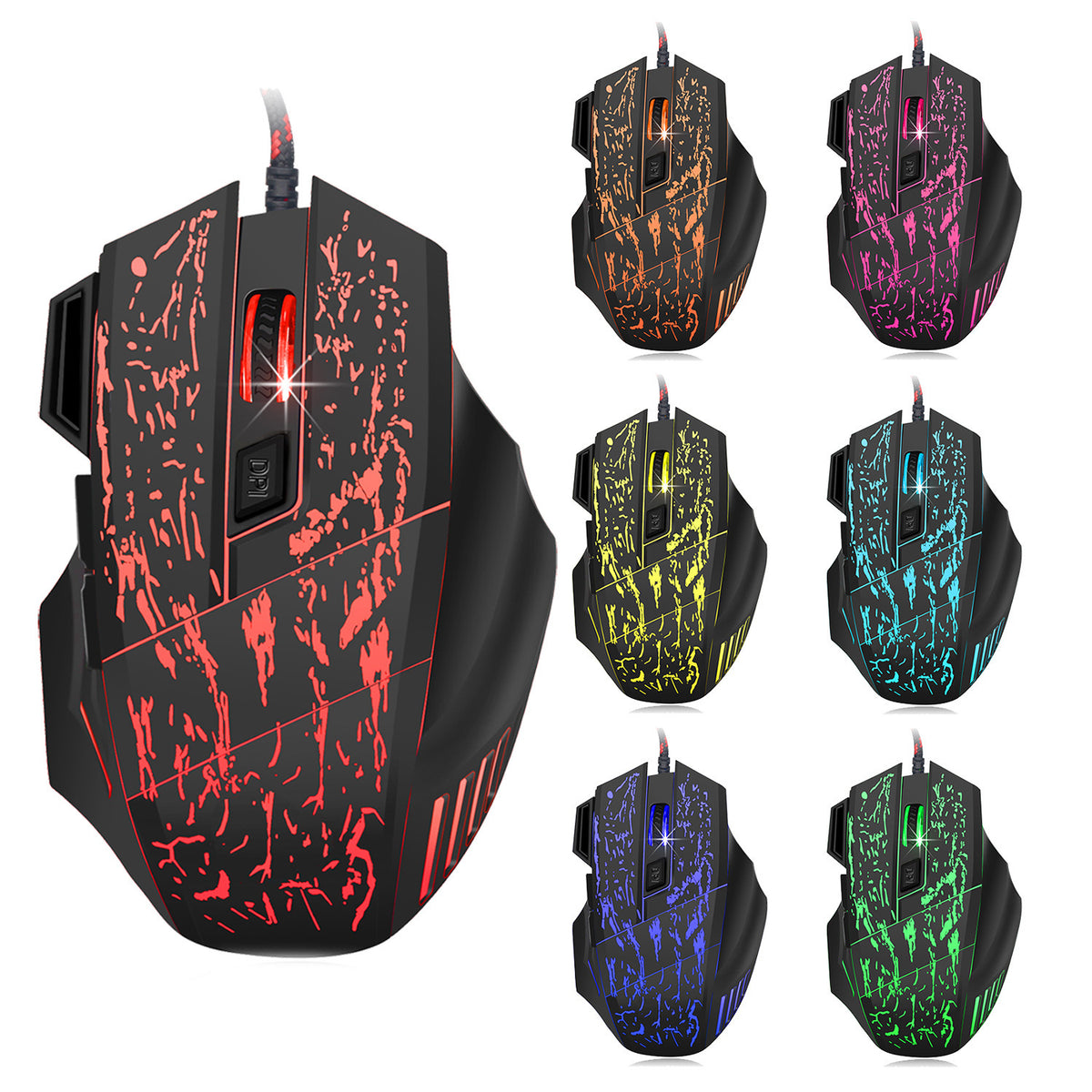 HXSJ Flow Crack RGB Gaming Mouse — 7-Button Wired Mouse with LED Lighting