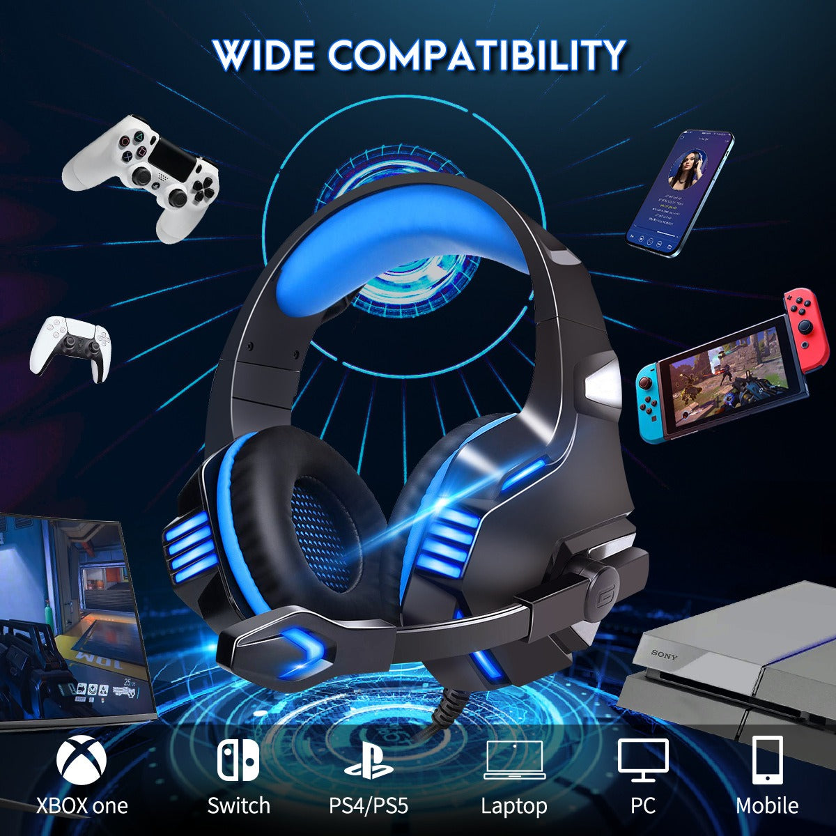RGB Gaming Headphones — Wired Over-Ear Headset with Subwoofer Bass