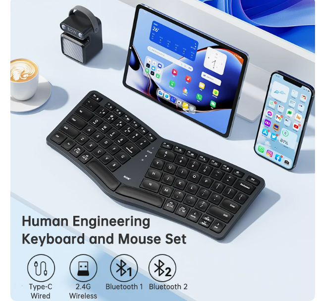 Bluetooth Wireless Ergonomic Keyboard — Compact Multi-Device Office Keyboard