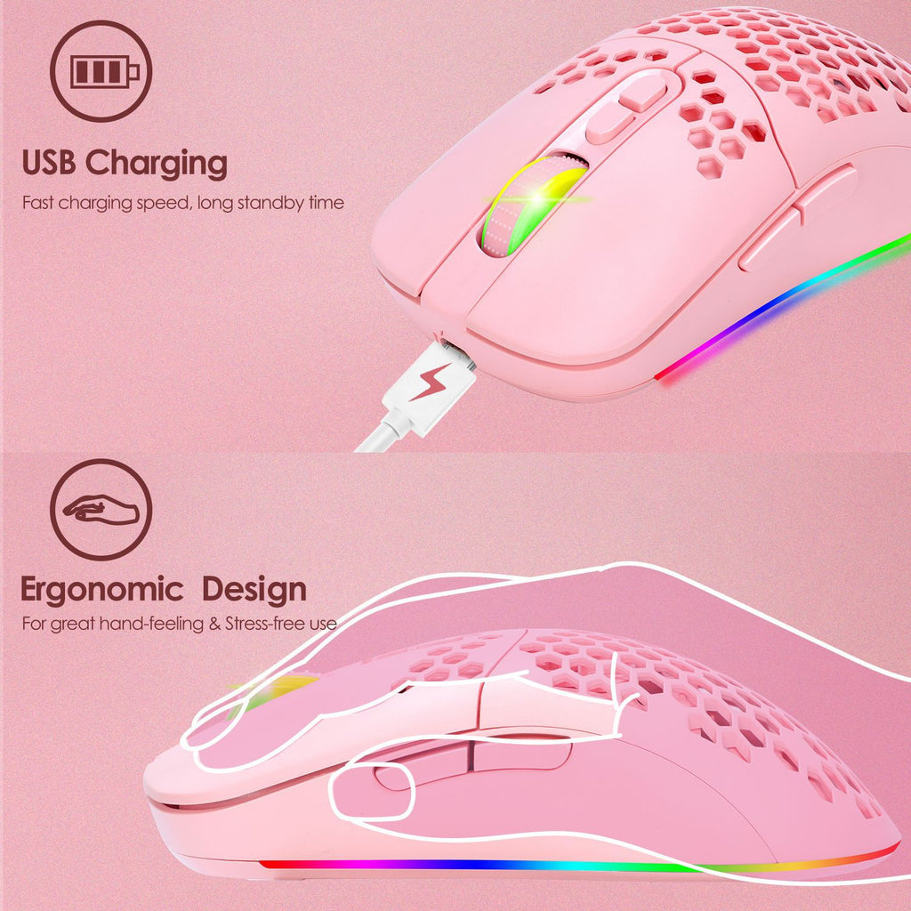 Wireless Bluetooth RGB Mouse — Lightweight Silent Pink Mouse with Cellular Design