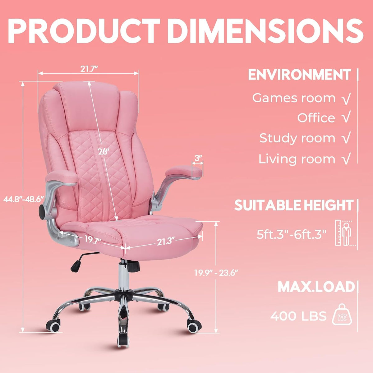 400lbs Executive Office Chair with Flip-Up Armrests, Big and Tall Computer Chair for Heavy People, Heavy Duty Ergonomic Comfy Chair, Breathable PU Leather (Pink)