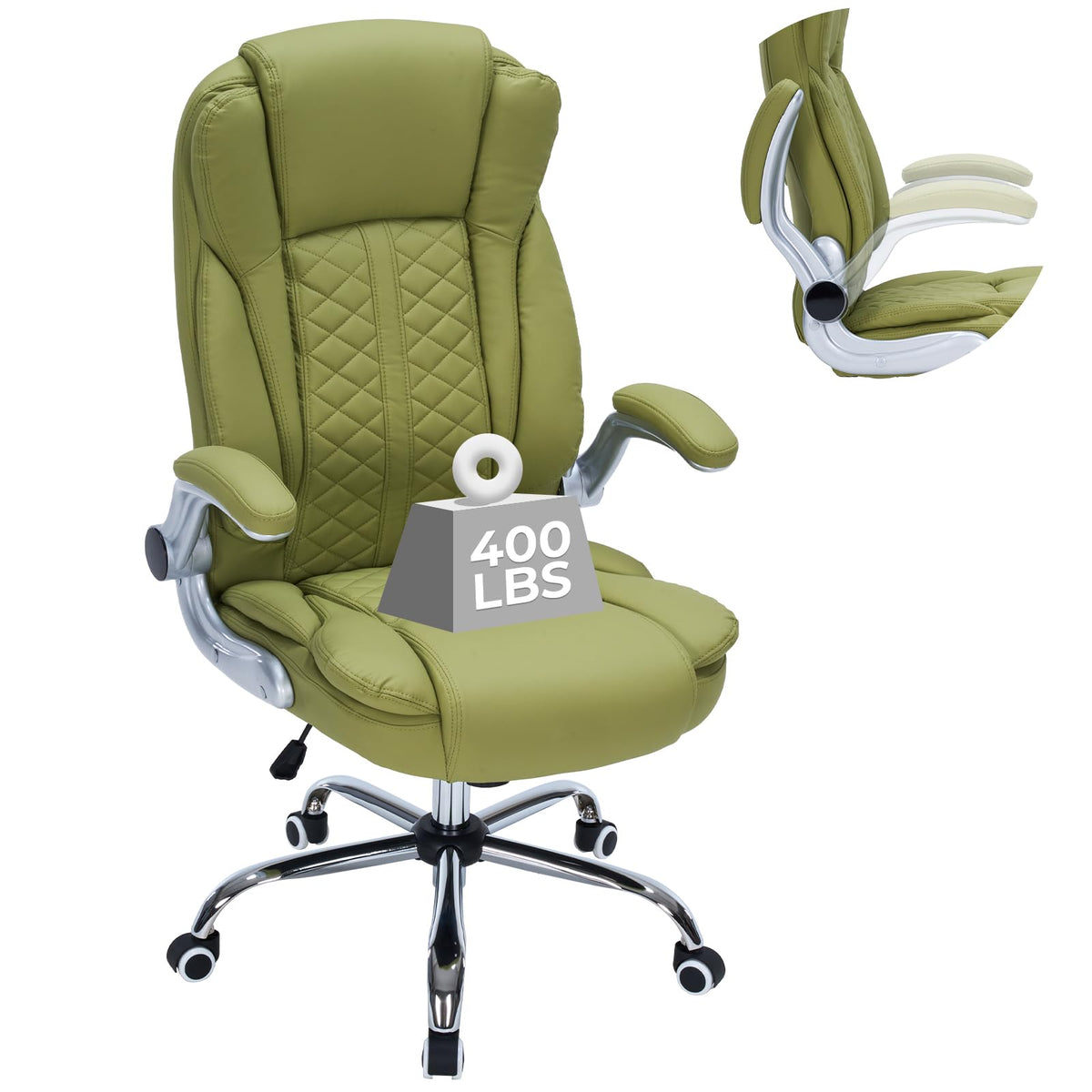 400lbs Executive Office Chair with Flip-Up Armrests, Big and Tall Computer Chair for Heavy People, Heavy Duty Ergonomic Comfy Chair, Breathable PU Leather (Pink)