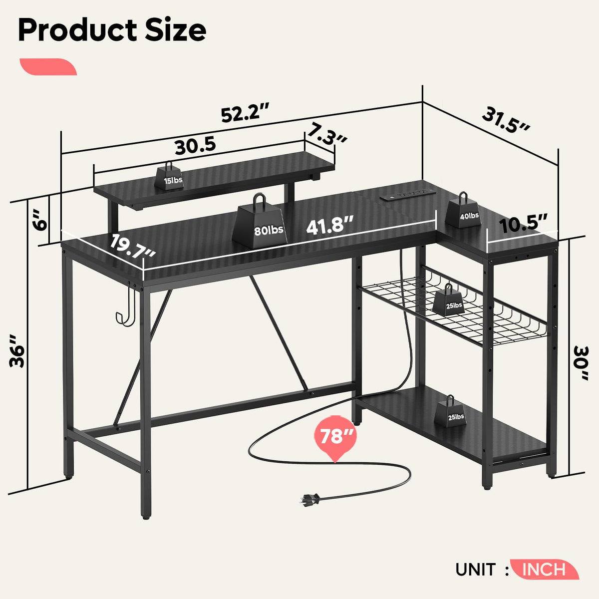 Bestier 42-Inch L-Shaped Computer Desk with Charging & LED, Black