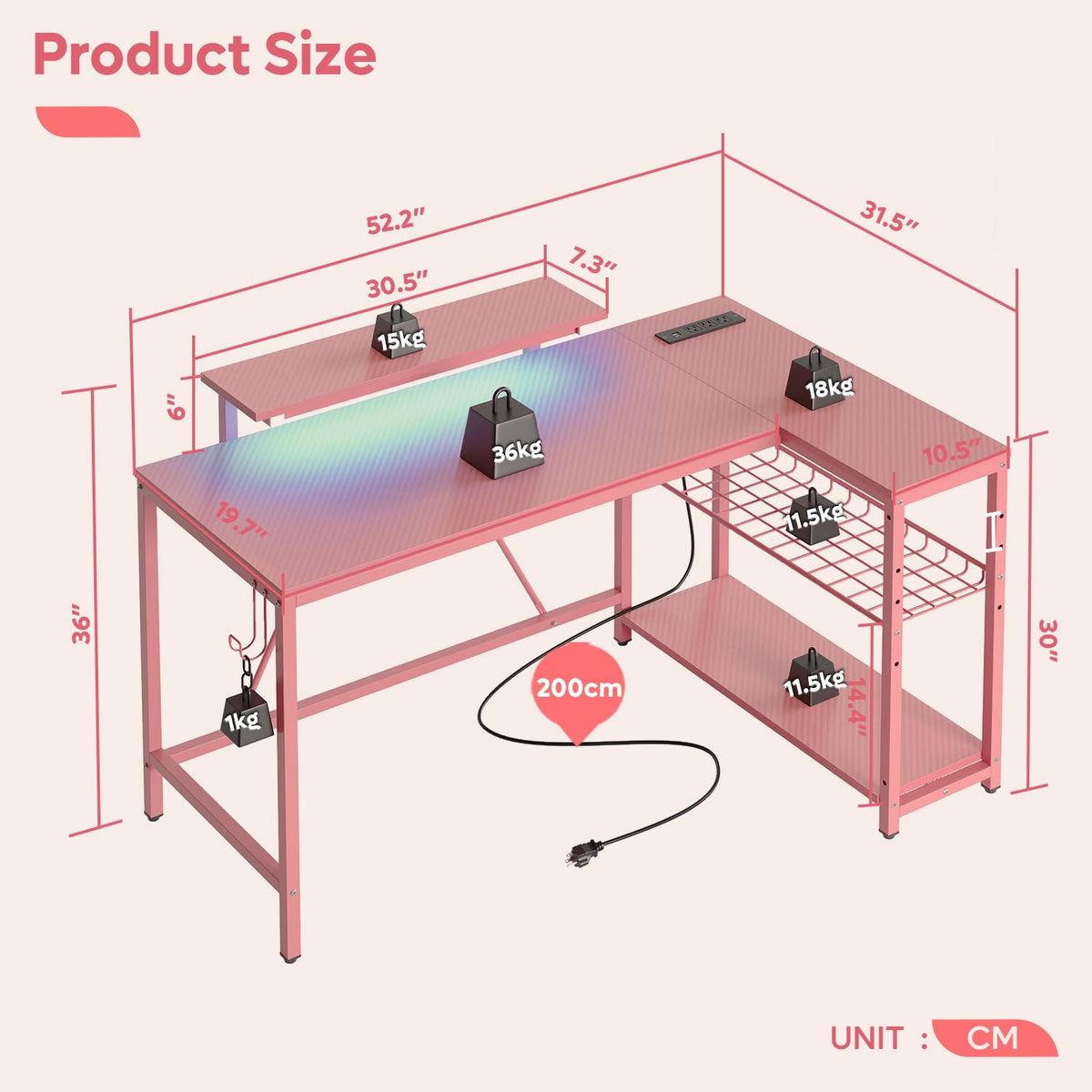 Bestier 42-Inch L-Shaped Computer Desk with Charging & LED, Black