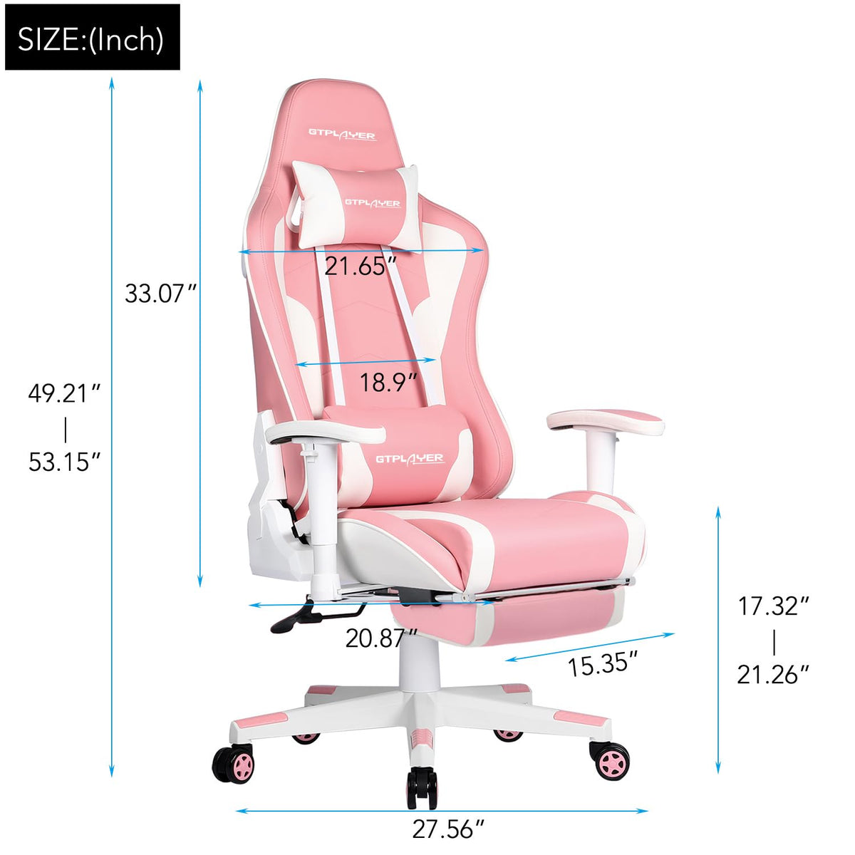 GTPLAYER Gaming Chair with Footrest, Ergonomic Computer Game Desk Chair, Reclining Gamer Chair Seat Height Adjustment, Swivel Rocker with Headrest and Lumbar (Blue)