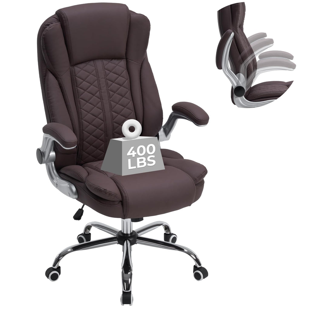 400lbs Executive Office Chair with Flip-Up Armrests, Big and Tall Computer Chair for Heavy People, Heavy Duty Ergonomic Comfy Chair, Breathable PU Leather (Pink)