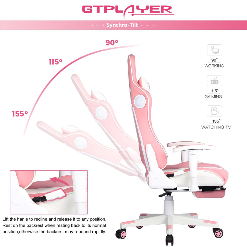 GTPLAYER Gaming Chair with Footrest, Ergonomic Computer Game Desk Chair, Reclining Gamer Chair Seat Height Adjustment, Swivel Rocker with Headrest and Lumbar (Blue)