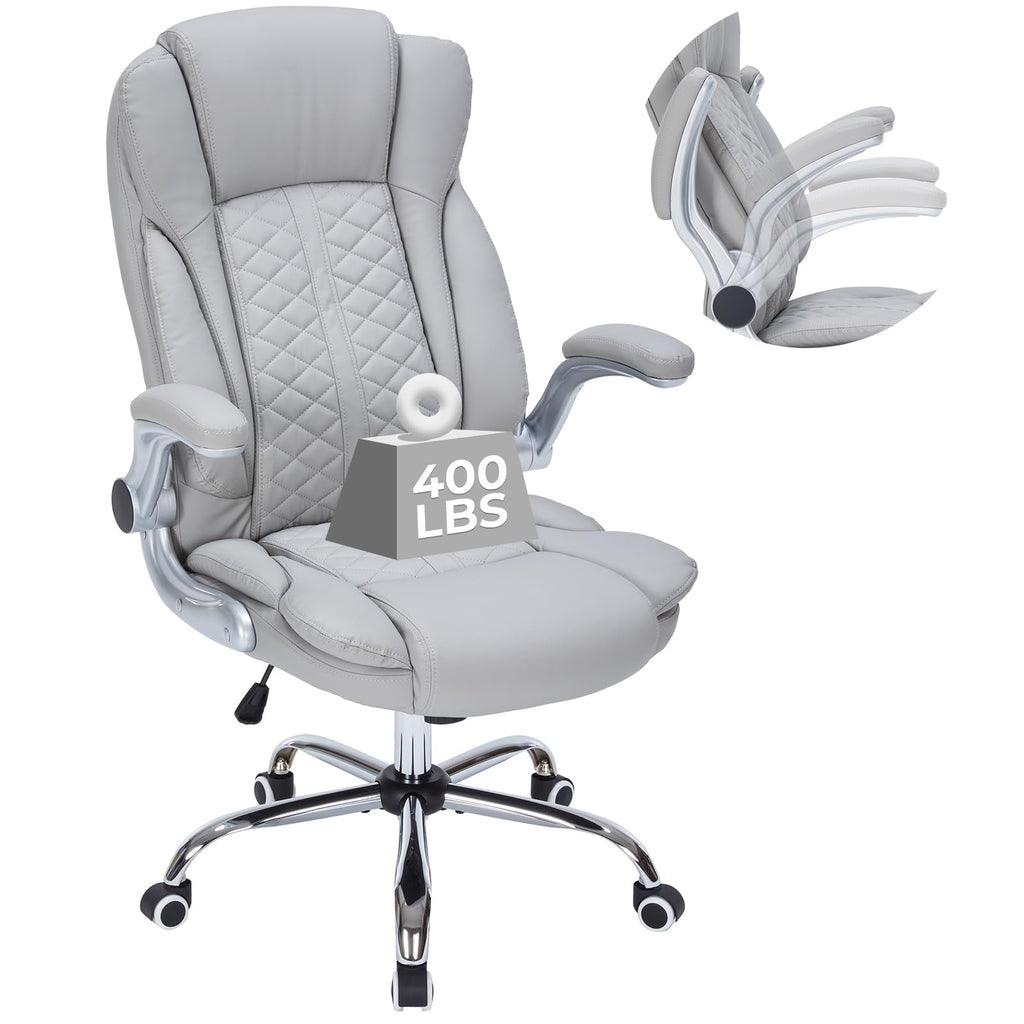 400lbs Executive Office Chair with Flip-Up Armrests, Big and Tall Computer Chair for Heavy People, Heavy Duty Ergonomic Comfy Chair, Breathable PU Leather (Pink)