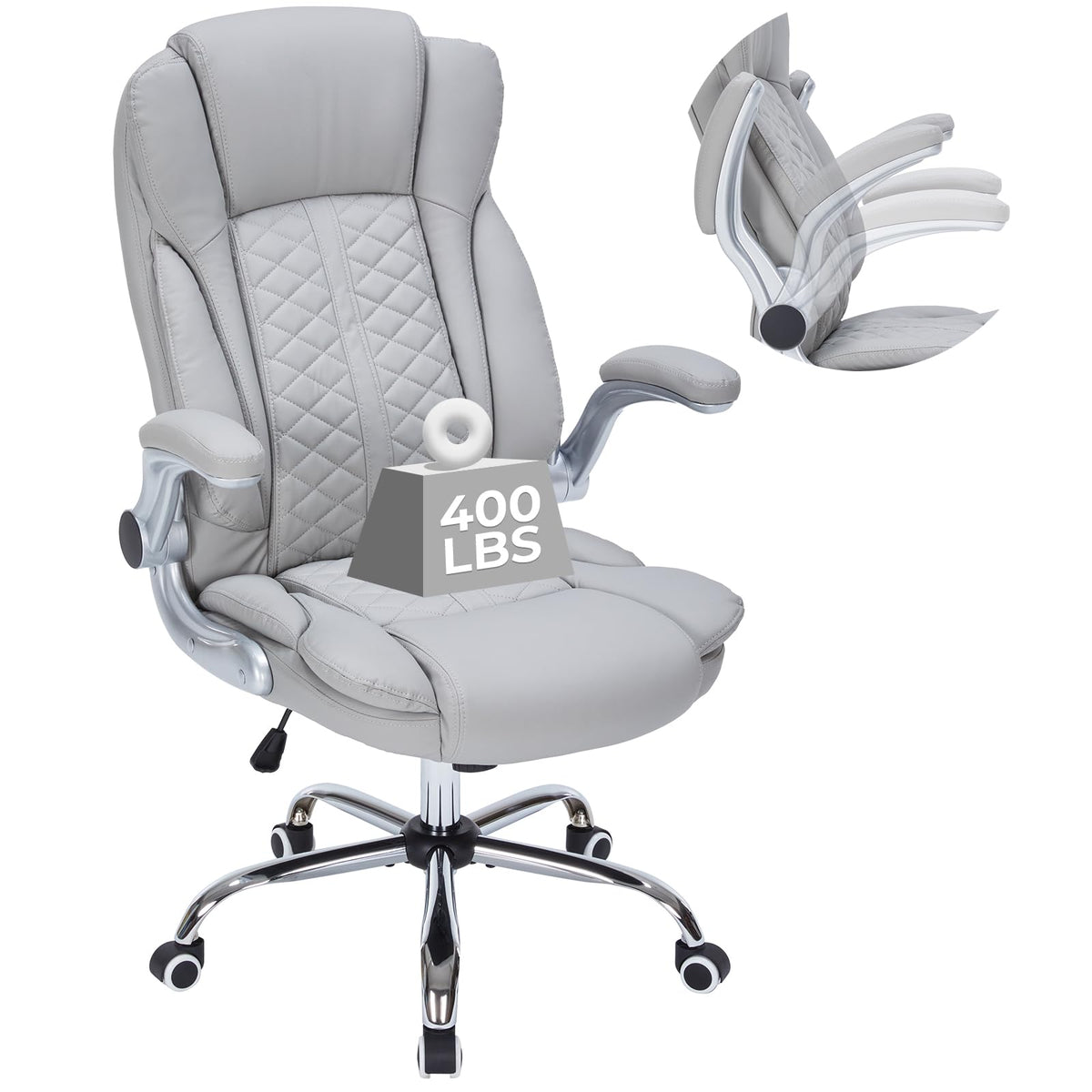 400lbs Executive Office Chair with Flip-Up Armrests, Big and Tall Computer Chair for Heavy People, Heavy Duty Ergonomic Comfy Chair, Breathable PU Leather (Pink)