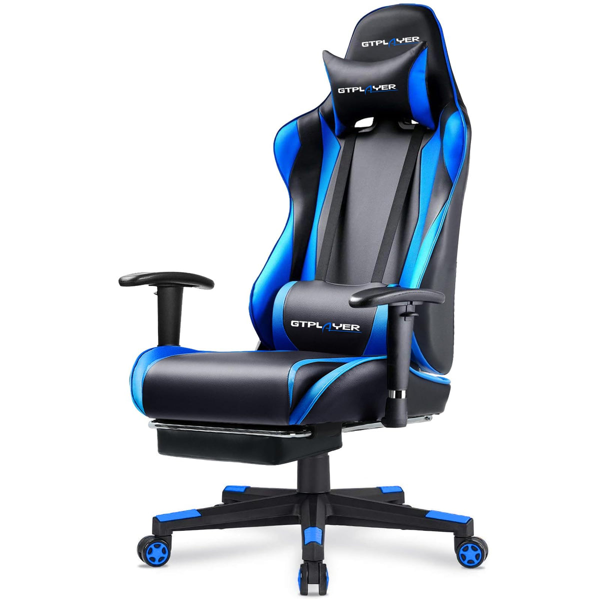 GTPLAYER Gaming Chair with Footrest, Ergonomic Computer Game Desk Chair, Reclining Gamer Chair Seat Height Adjustment, Swivel Rocker with Headrest and Lumbar (Blue)