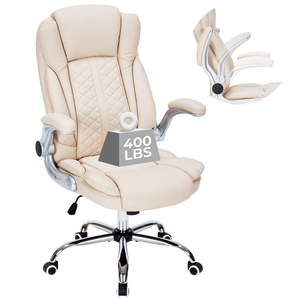 400lbs Executive Office Chair with Flip-Up Armrests, Big and Tall Computer Chair for Heavy People, Heavy Duty Ergonomic Comfy Chair, Breathable PU Leather (Pink)