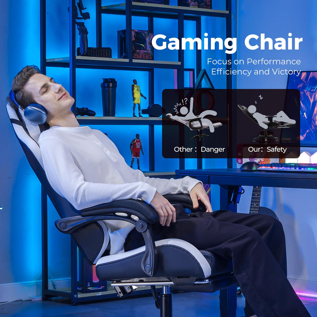 GTPLAYER Gaming Chair with Footrest, Ergonomic Computer Game Desk Chair, Reclining Gamer Chair Seat Height Adjustment, Swivel Rocker with Headrest and Lumbar (Blue)