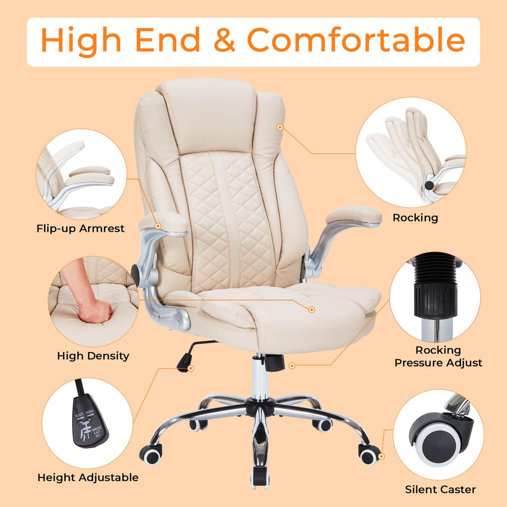 400lbs Executive Office Chair with Flip-Up Armrests, Big and Tall Computer Chair for Heavy People, Heavy Duty Ergonomic Comfy Chair, Breathable PU Leather (Pink)