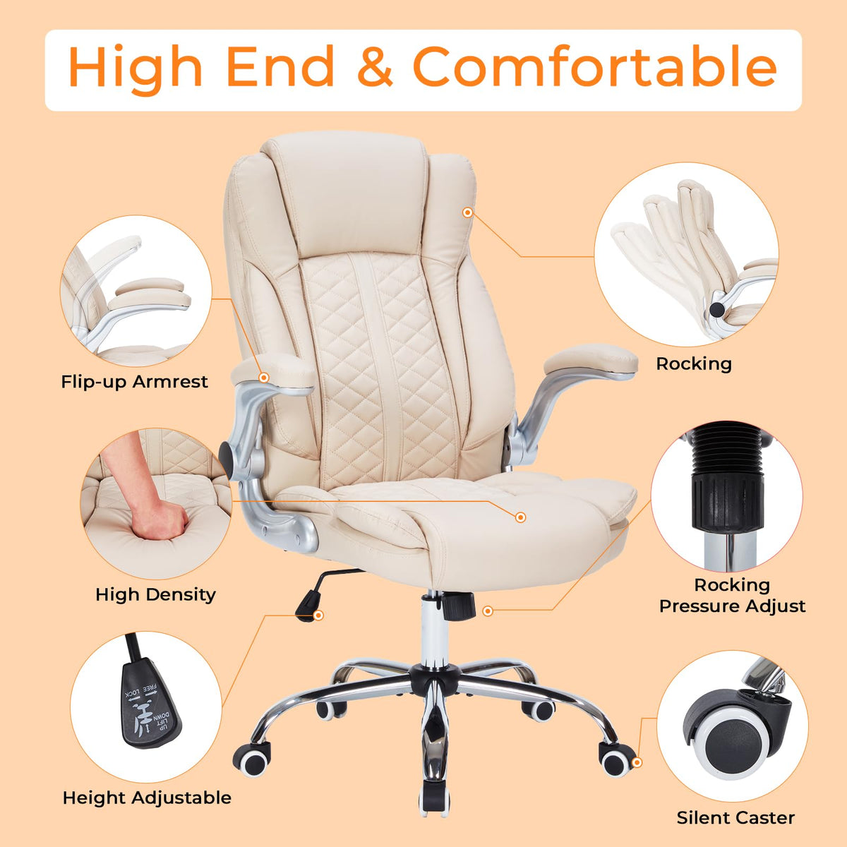 400lbs Executive Office Chair with Flip-Up Armrests, Big and Tall Computer Chair for Heavy People, Heavy Duty Ergonomic Comfy Chair, Breathable PU Leather (Pink)