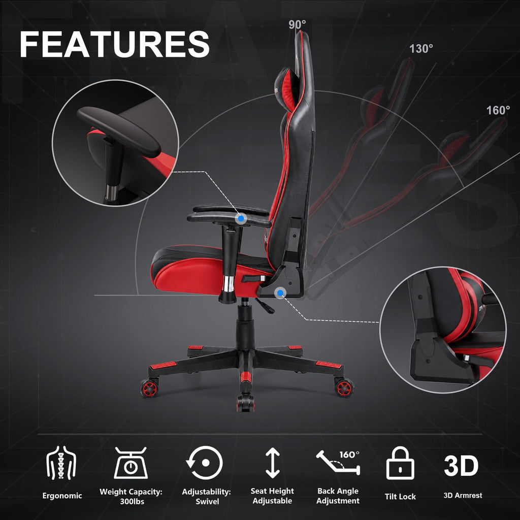 GTPLAYER Gaming Chair with Footrest, Ergonomic Computer Game Desk Chair, Reclining Gamer Chair Seat Height Adjustment, Swivel Rocker with Headrest and Lumbar (Blue)