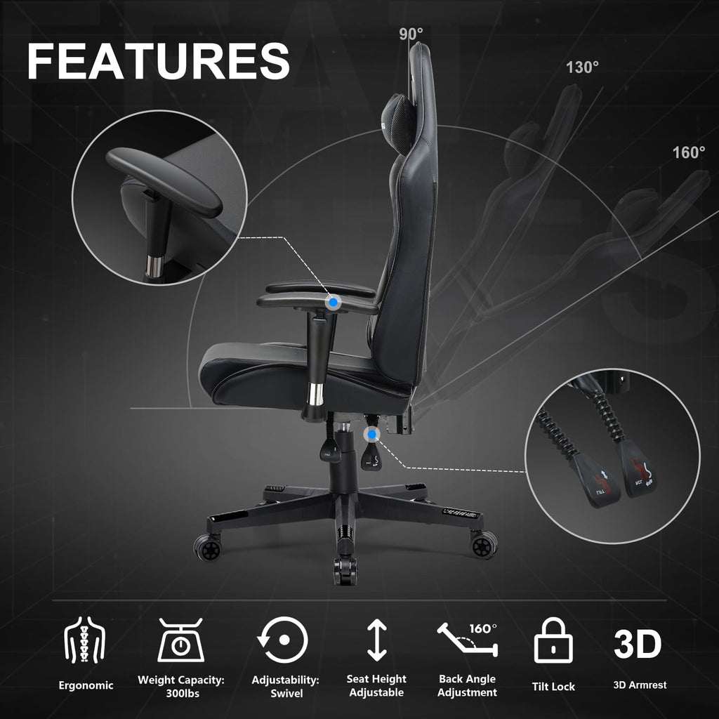 GTPLAYER Gaming Chair with Footrest, Ergonomic Computer Game Desk Chair, Reclining Gamer Chair Seat Height Adjustment, Swivel Rocker with Headrest and Lumbar (Blue)