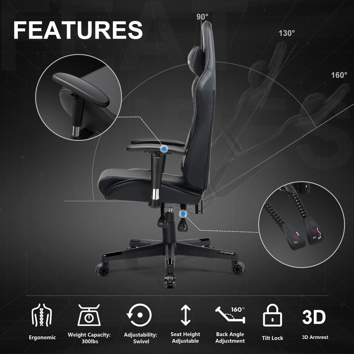 GTPLAYER Gaming Chair with Footrest, Ergonomic Computer Game Desk Chair, Reclining Gamer Chair Seat Height Adjustment, Swivel Rocker with Headrest and Lumbar (Blue)