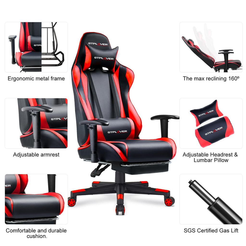 GTPLAYER Gaming Chair with Footrest, Ergonomic Computer Game Desk Chair, Reclining Gamer Chair Seat Height Adjustment, Swivel Rocker with Headrest and Lumbar (Blue)