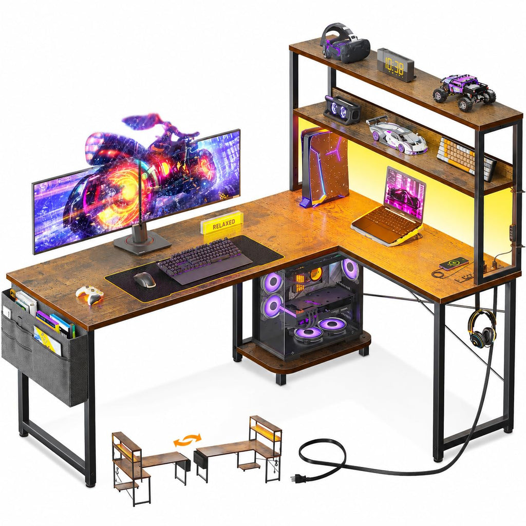 ODK 53" L Shaped Gaming Desk with Shelves, LED & Outlets, Black