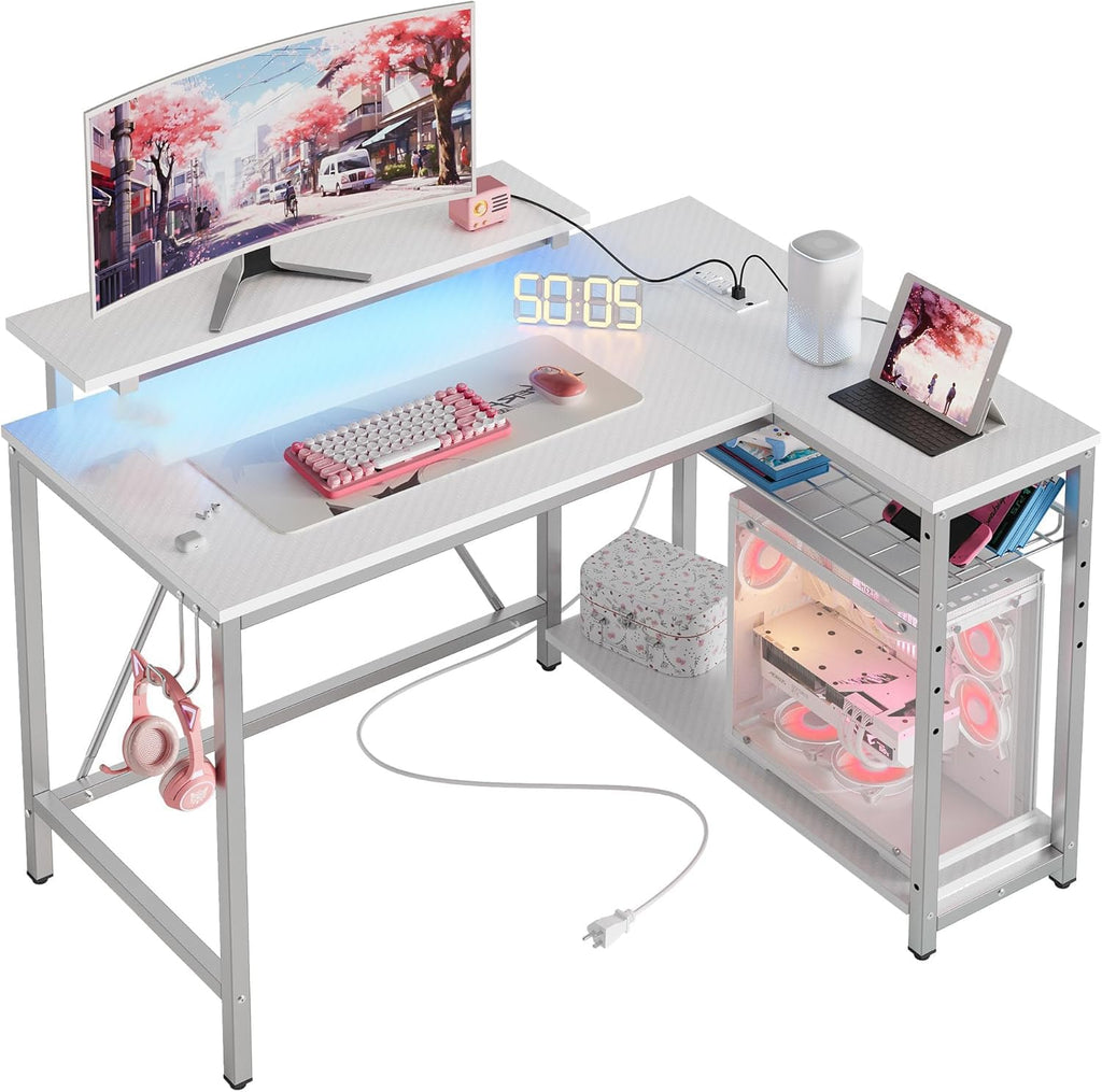 Bestier 42-Inch L-Shaped Computer Desk with Charging & LED, Black