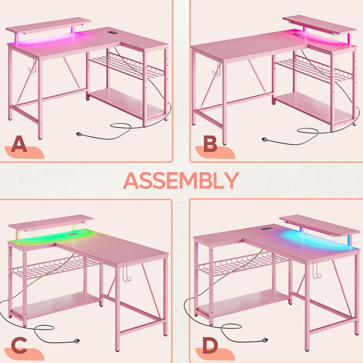 Bestier 42-Inch L-Shaped Computer Desk with Charging & LED, Black