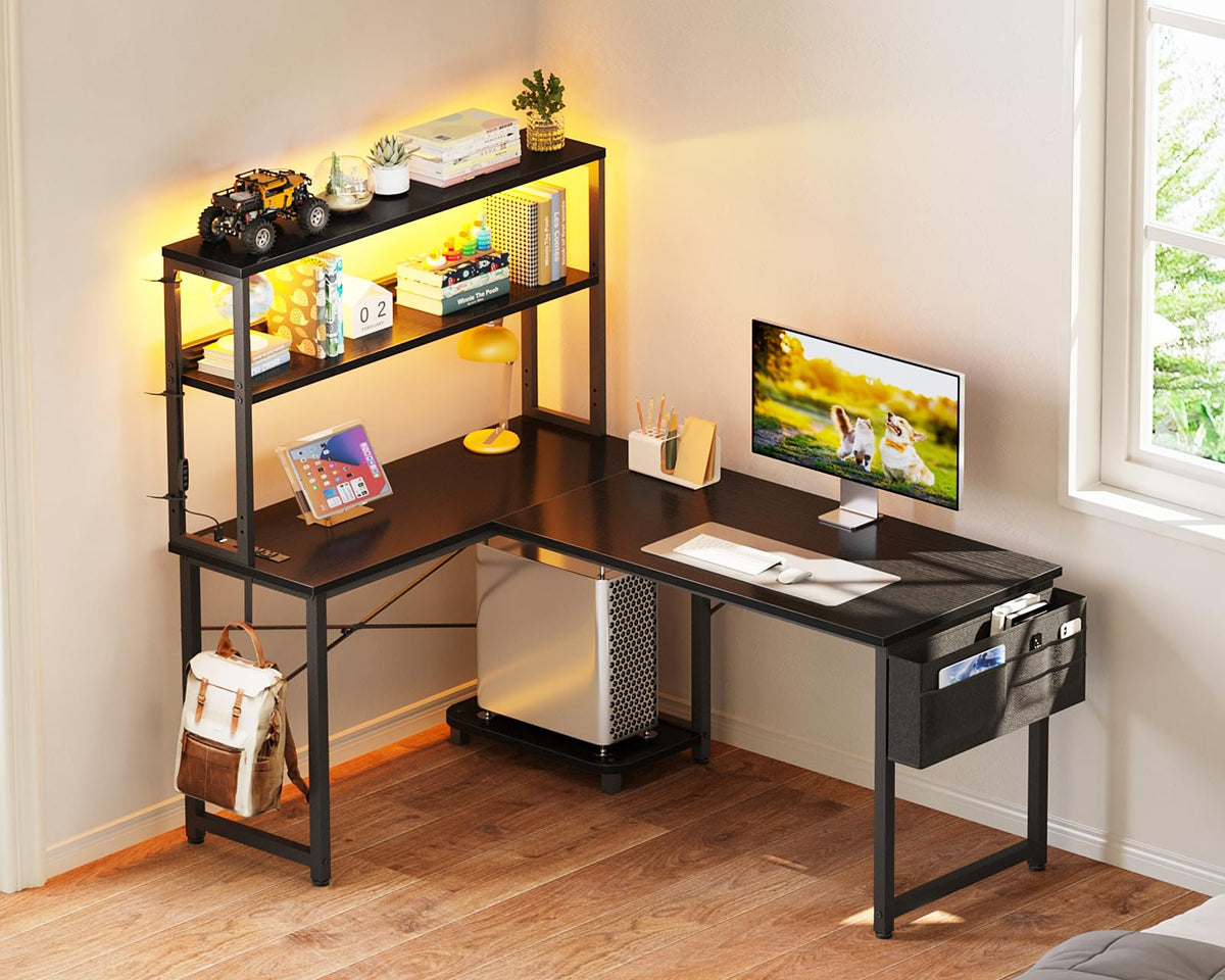 ODK 53" L Shaped Gaming Desk with Shelves, LED & Outlets, Black