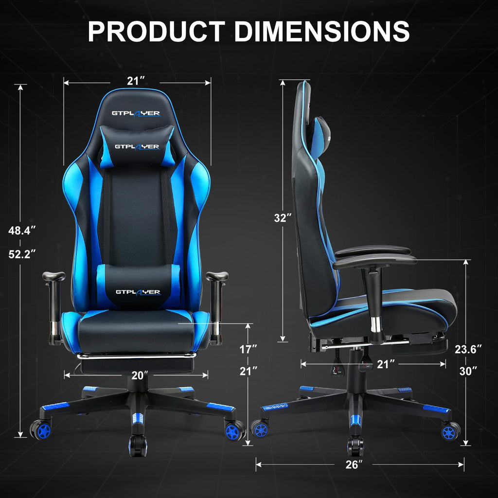 GTPLAYER Gaming Chair with Footrest, Ergonomic Computer Game Desk Chair, Reclining Gamer Chair Seat Height Adjustment, Swivel Rocker with Headrest and Lumbar (Blue)