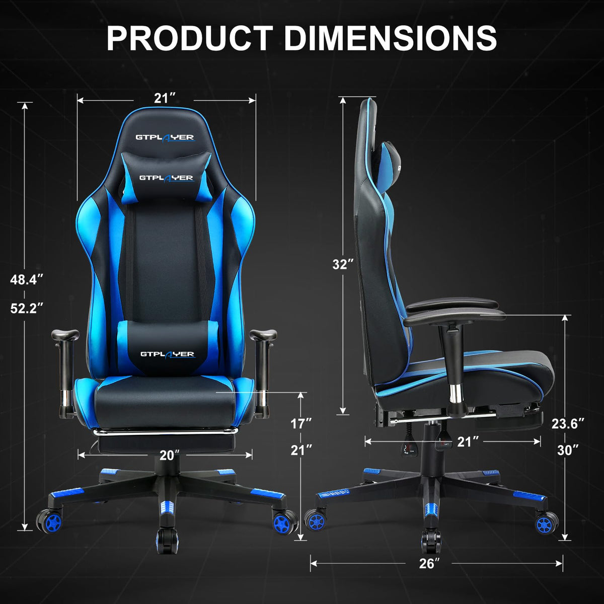 GTPLAYER Gaming Chair with Footrest, Ergonomic Computer Game Desk Chair, Reclining Gamer Chair Seat Height Adjustment, Swivel Rocker with Headrest and Lumbar (Blue)