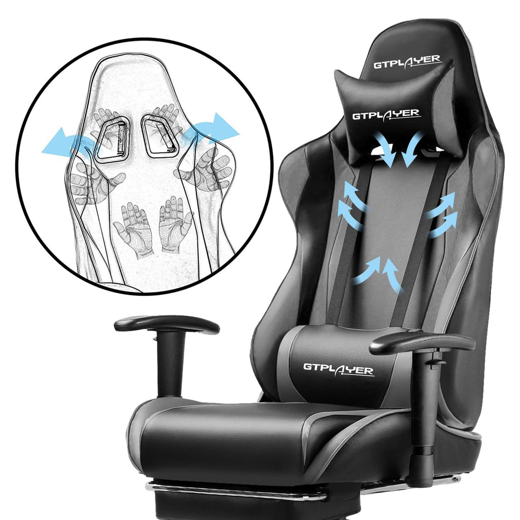 GTPLAYER Gaming Chair with Footrest, Ergonomic Computer Game Desk Chair, Reclining Gamer Chair Seat Height Adjustment, Swivel Rocker with Headrest and Lumbar (Blue)