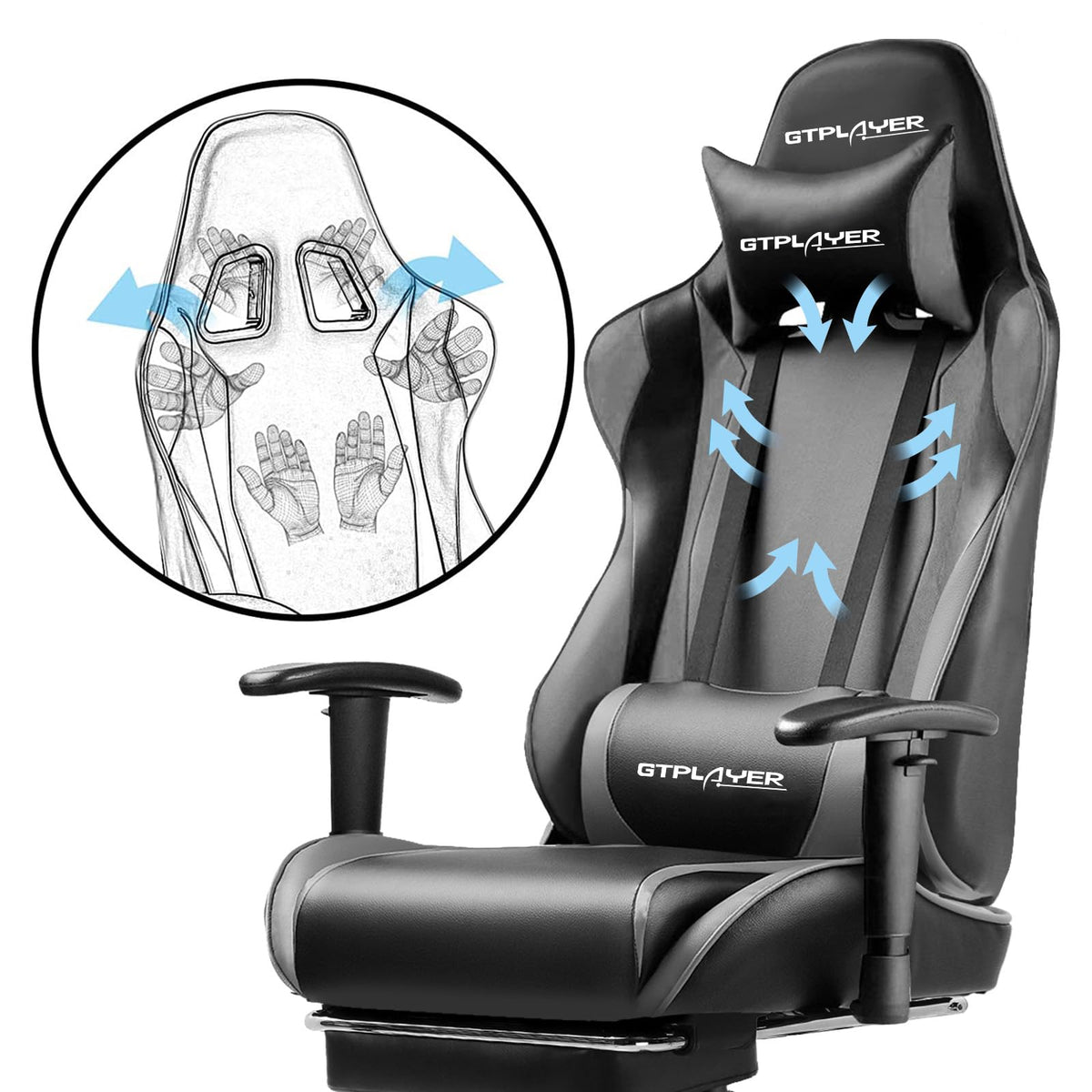 GTPLAYER Gaming Chair with Footrest, Ergonomic Computer Game Desk Chair, Reclining Gamer Chair Seat Height Adjustment, Swivel Rocker with Headrest and Lumbar (Blue)