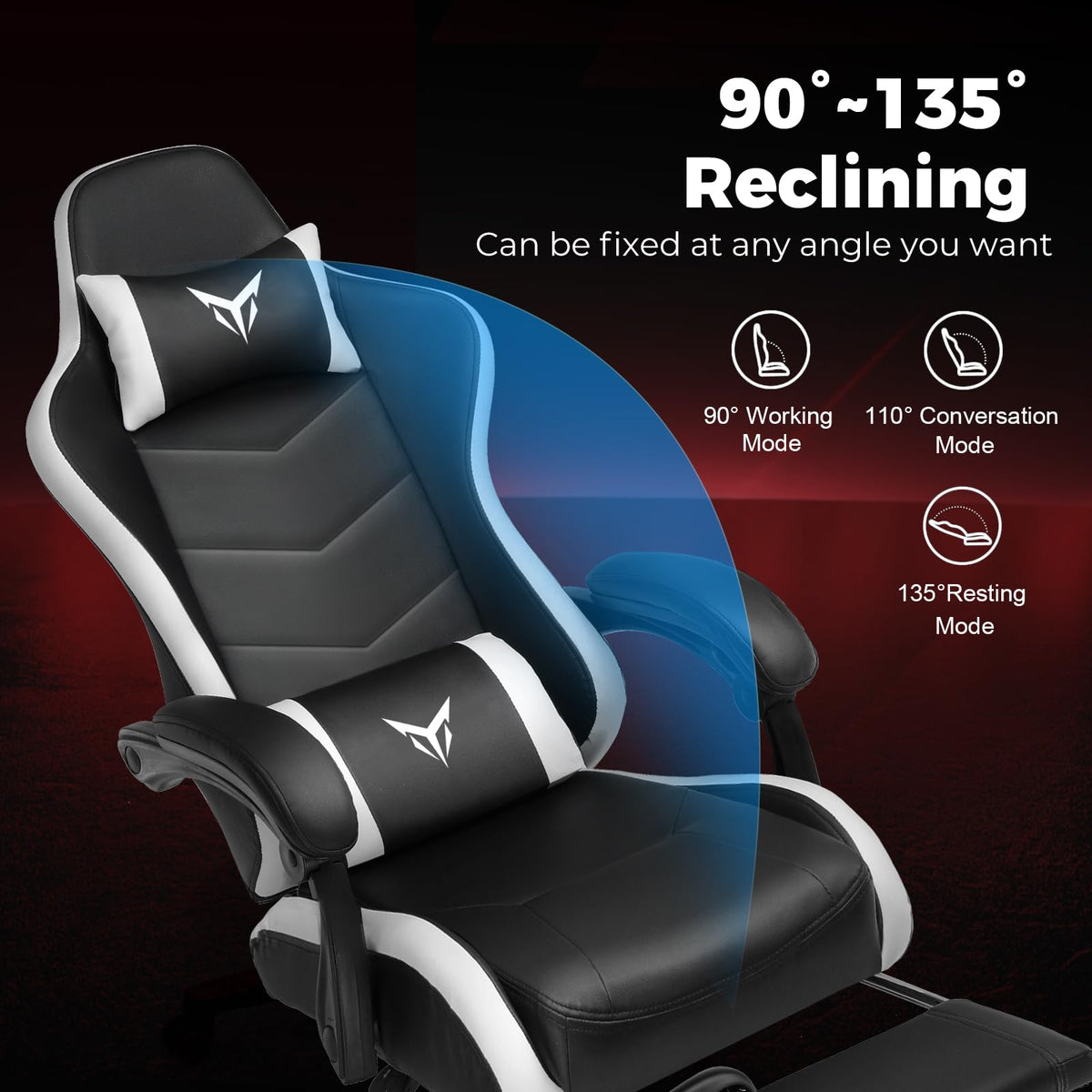 GTPLAYER Gaming Chair with Footrest, Ergonomic Computer Game Desk Chair, Reclining Gamer Chair Seat Height Adjustment, Swivel Rocker with Headrest and Lumbar (Blue)