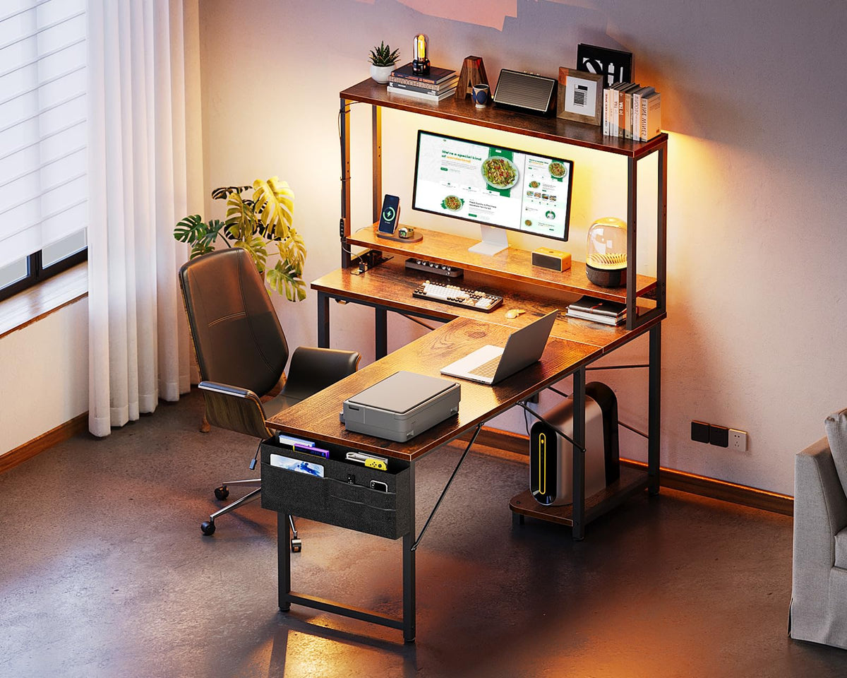 ODK 53" L Shaped Gaming Desk with Shelves, LED & Outlets, Black
