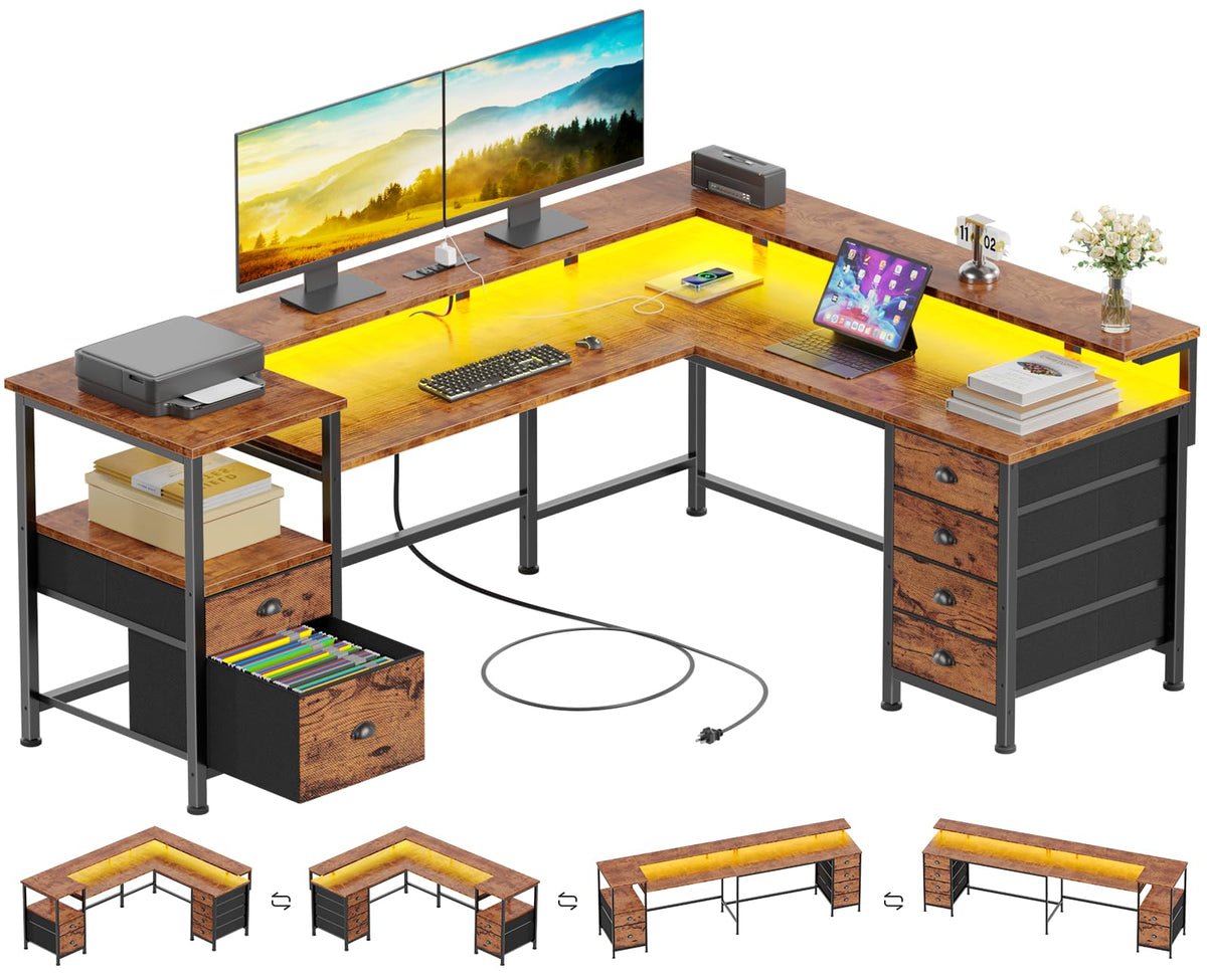 Furologee 66'' L Shaped Gaming Desk with 6 Drawers, LED, Outlets, Black