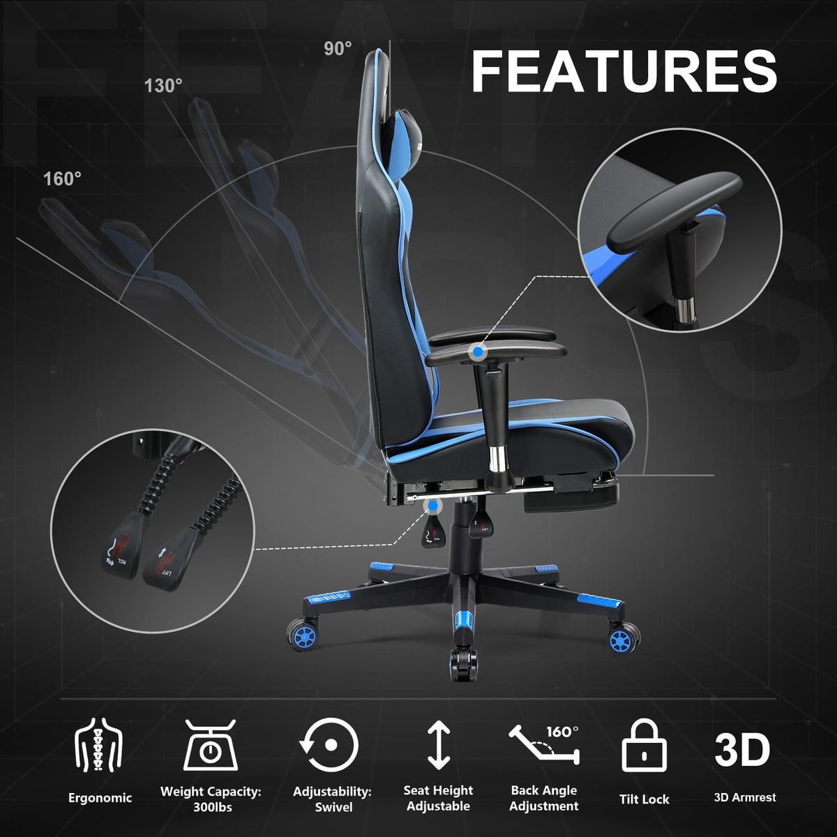 GTPLAYER Gaming Chair with Footrest, Ergonomic Computer Game Desk Chair, Reclining Gamer Chair Seat Height Adjustment, Swivel Rocker with Headrest and Lumbar (Blue)