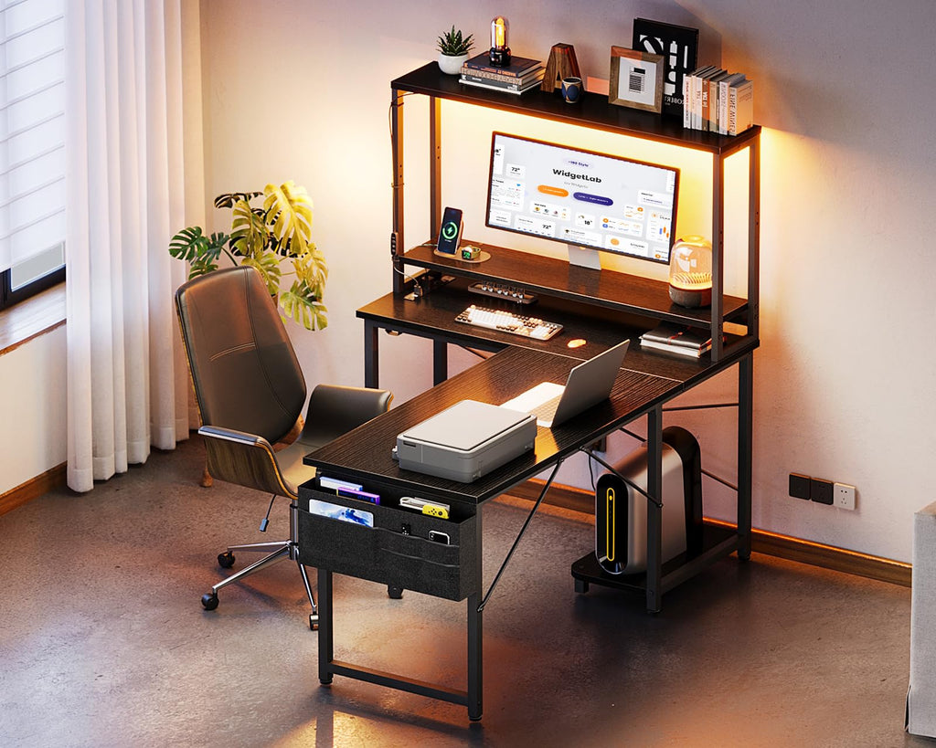 ODK 53" L Shaped Gaming Desk with Shelves, LED & Outlets, Black