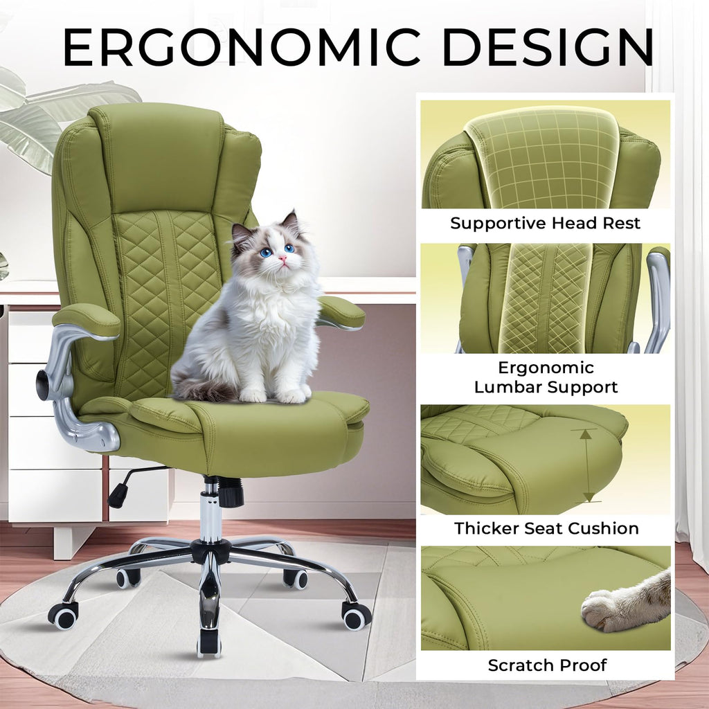 400lbs Executive Office Chair with Flip-Up Armrests, Big and Tall Computer Chair for Heavy People, Heavy Duty Ergonomic Comfy Chair, Breathable PU Leather (Pink)