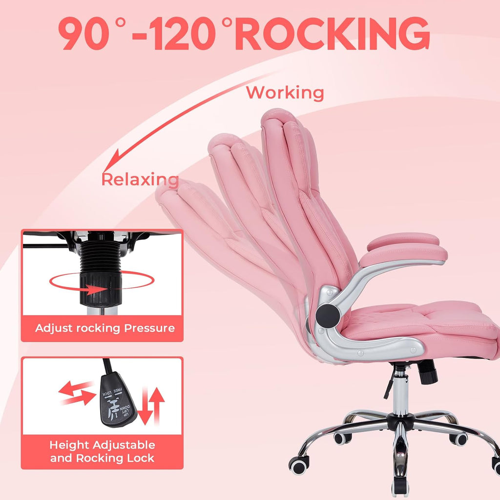 400lbs Executive Office Chair with Flip-Up Armrests, Big and Tall Computer Chair for Heavy People, Heavy Duty Ergonomic Comfy Chair, Breathable PU Leather (Pink)
