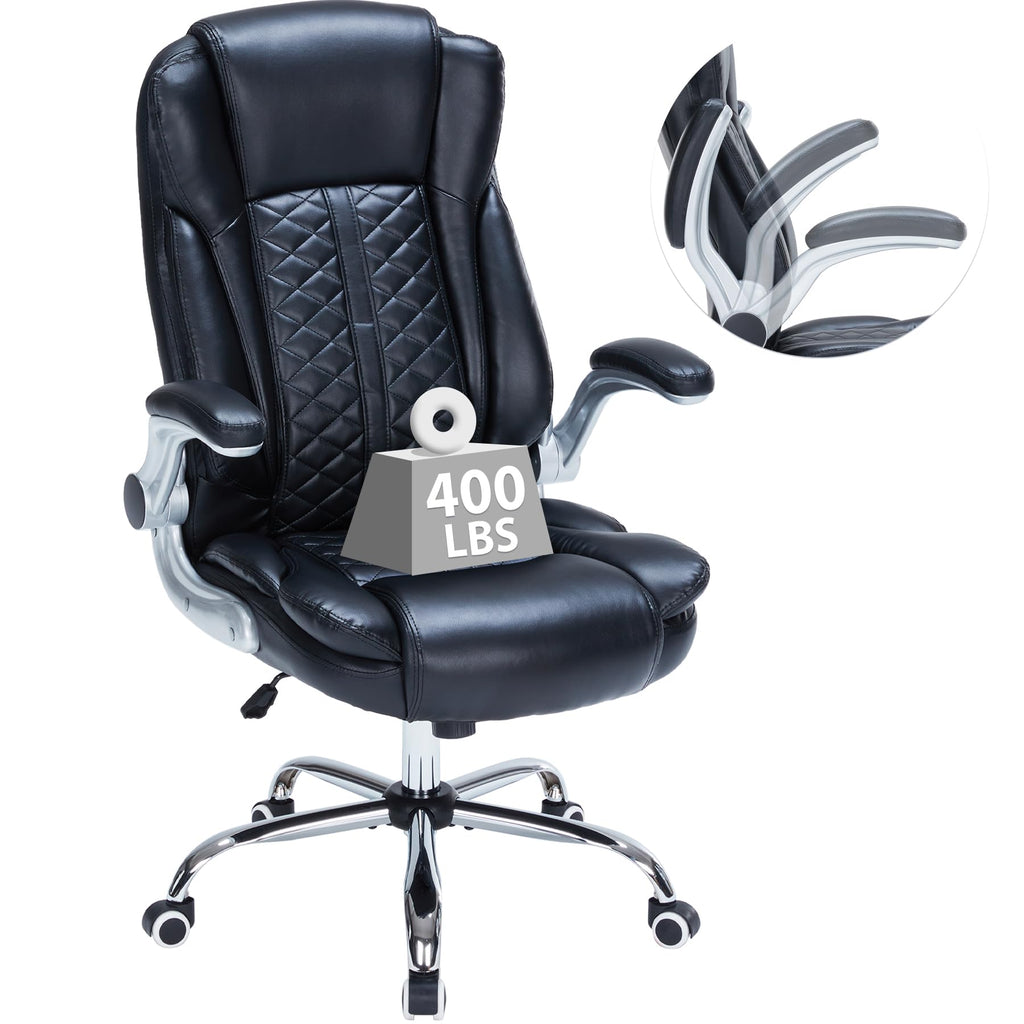 400lbs Executive Office Chair with Flip-Up Armrests, Big and Tall Computer Chair for Heavy People, Heavy Duty Ergonomic Comfy Chair, Breathable PU Leather (Pink)