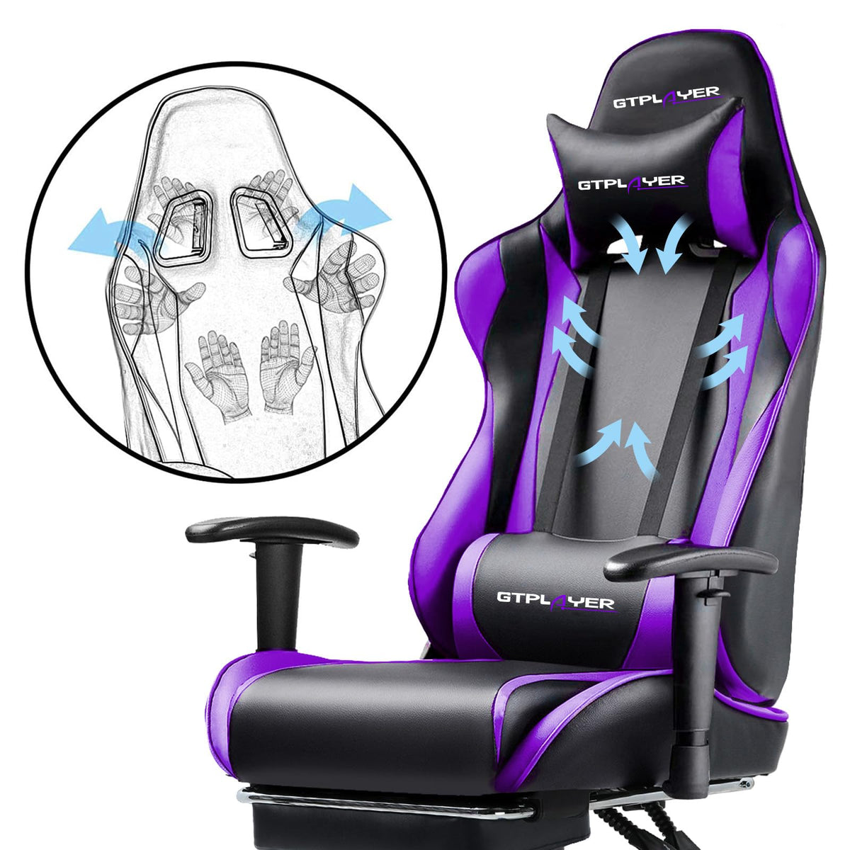 GTPLAYER Gaming Chair with Footrest, Ergonomic Computer Game Desk Chair, Reclining Gamer Chair Seat Height Adjustment, Swivel Rocker with Headrest and Lumbar (Blue)