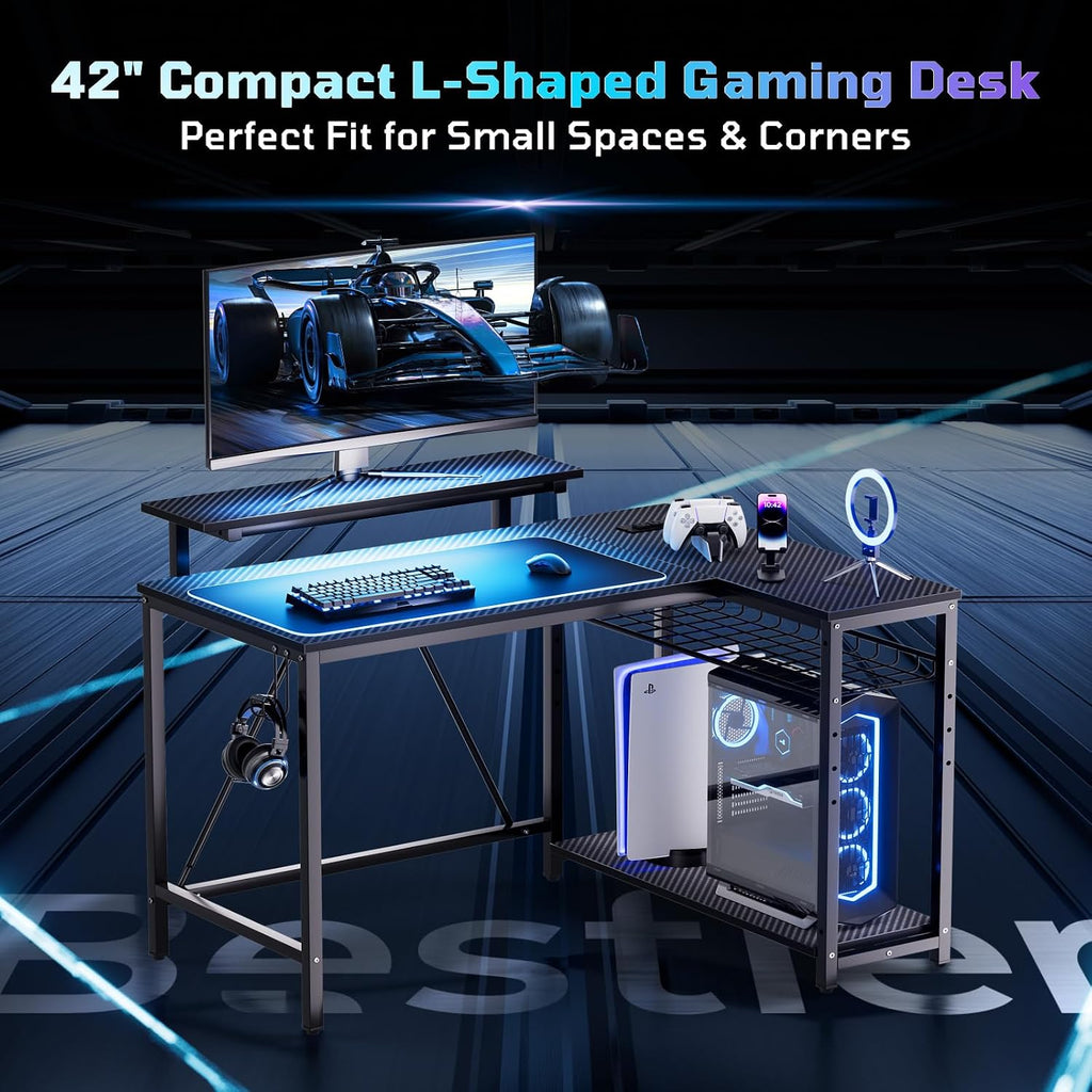 Bestier 42-Inch L-Shaped Computer Desk with Charging & LED, Black