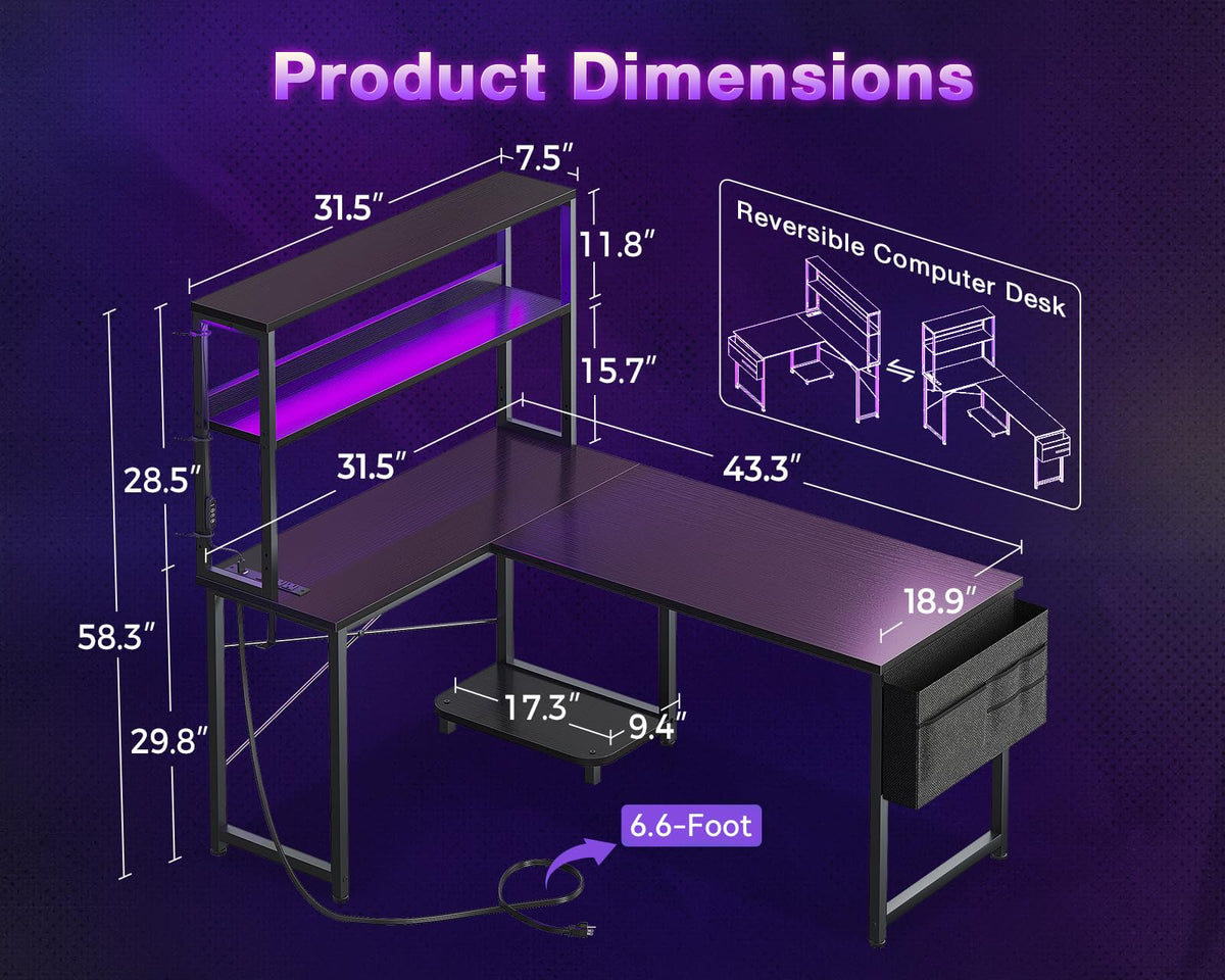 ODK 53" L Shaped Gaming Desk with Shelves, LED & Outlets, Black