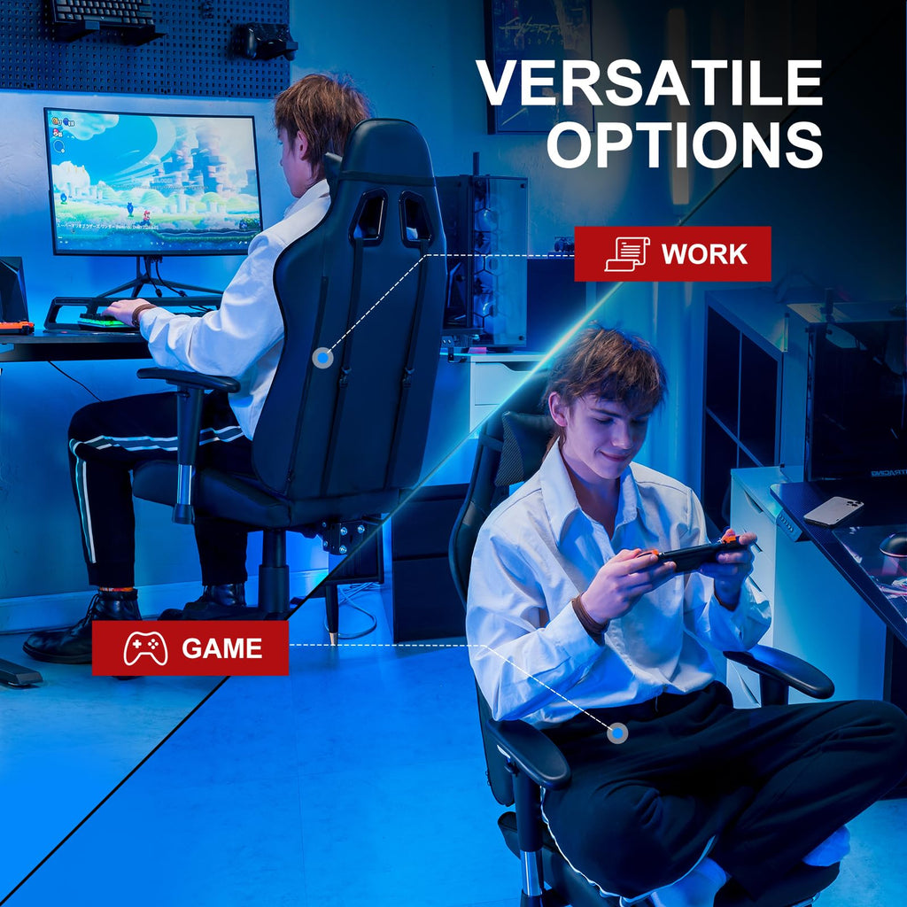 GTPLAYER Gaming Chair with Footrest, Ergonomic Computer Game Desk Chair, Reclining Gamer Chair Seat Height Adjustment, Swivel Rocker with Headrest and Lumbar (Blue)