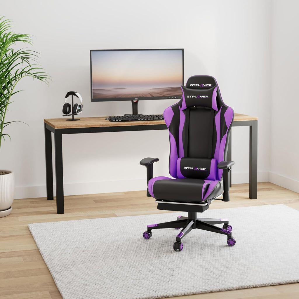 GTPLAYER Gaming Chair with Footrest, Ergonomic Computer Game Desk Chair, Reclining Gamer Chair Seat Height Adjustment, Swivel Rocker with Headrest and Lumbar (Blue)