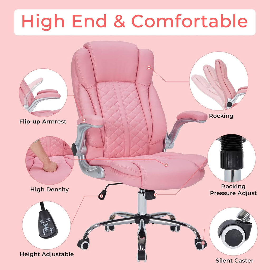 400lbs Executive Office Chair with Flip-Up Armrests, Big and Tall Computer Chair for Heavy People, Heavy Duty Ergonomic Comfy Chair, Breathable PU Leather (Pink)