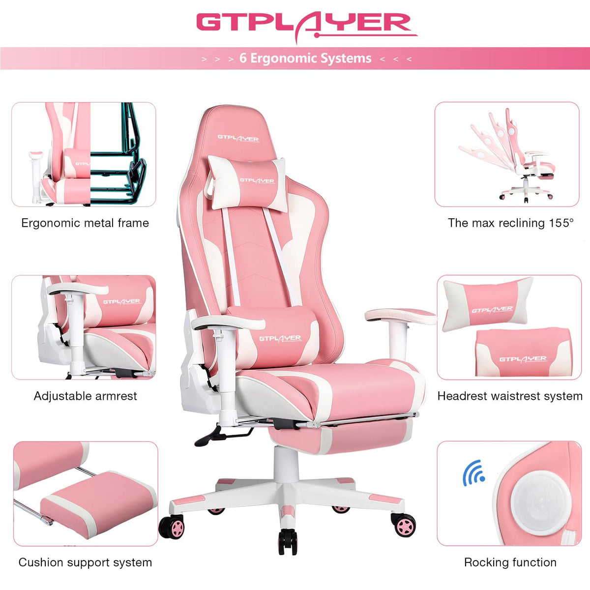 GTPLAYER Gaming Chair with Footrest, Ergonomic Computer Game Desk Chair, Reclining Gamer Chair Seat Height Adjustment, Swivel Rocker with Headrest and Lumbar (Blue)