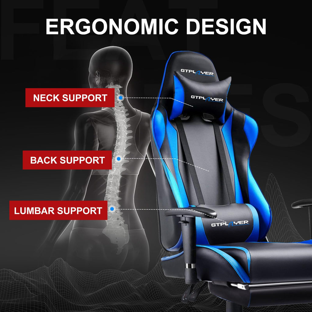 GTPLAYER Gaming Chair with Footrest, Ergonomic Computer Game Desk Chair, Reclining Gamer Chair Seat Height Adjustment, Swivel Rocker with Headrest and Lumbar (Blue)
