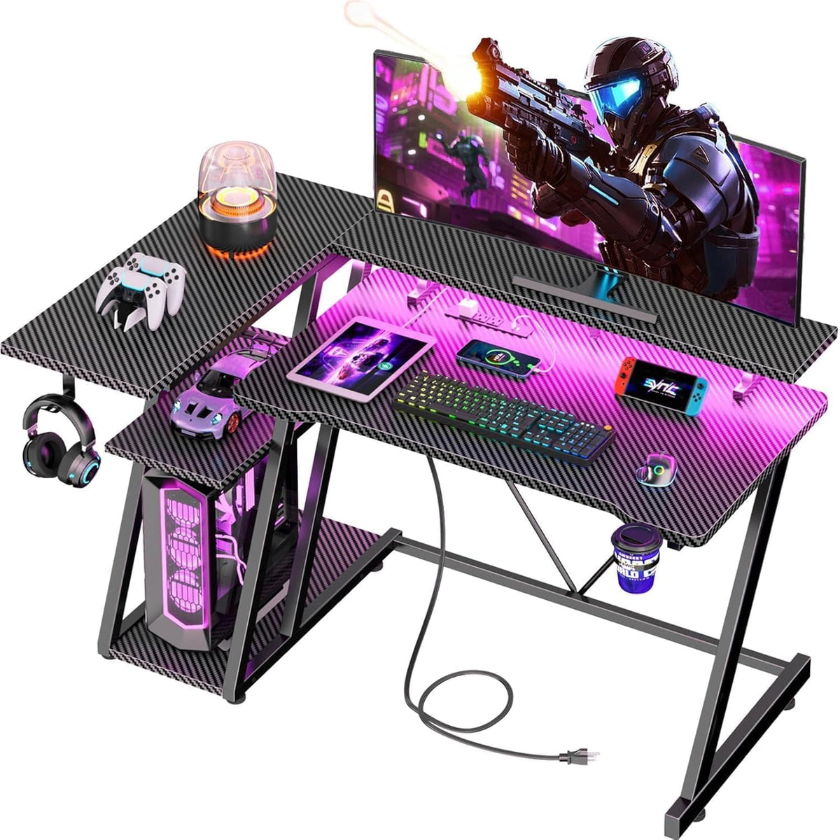 Korfile 40 Inch Gaming Desk with Power Outlet, LED, Carbon Fiber Black