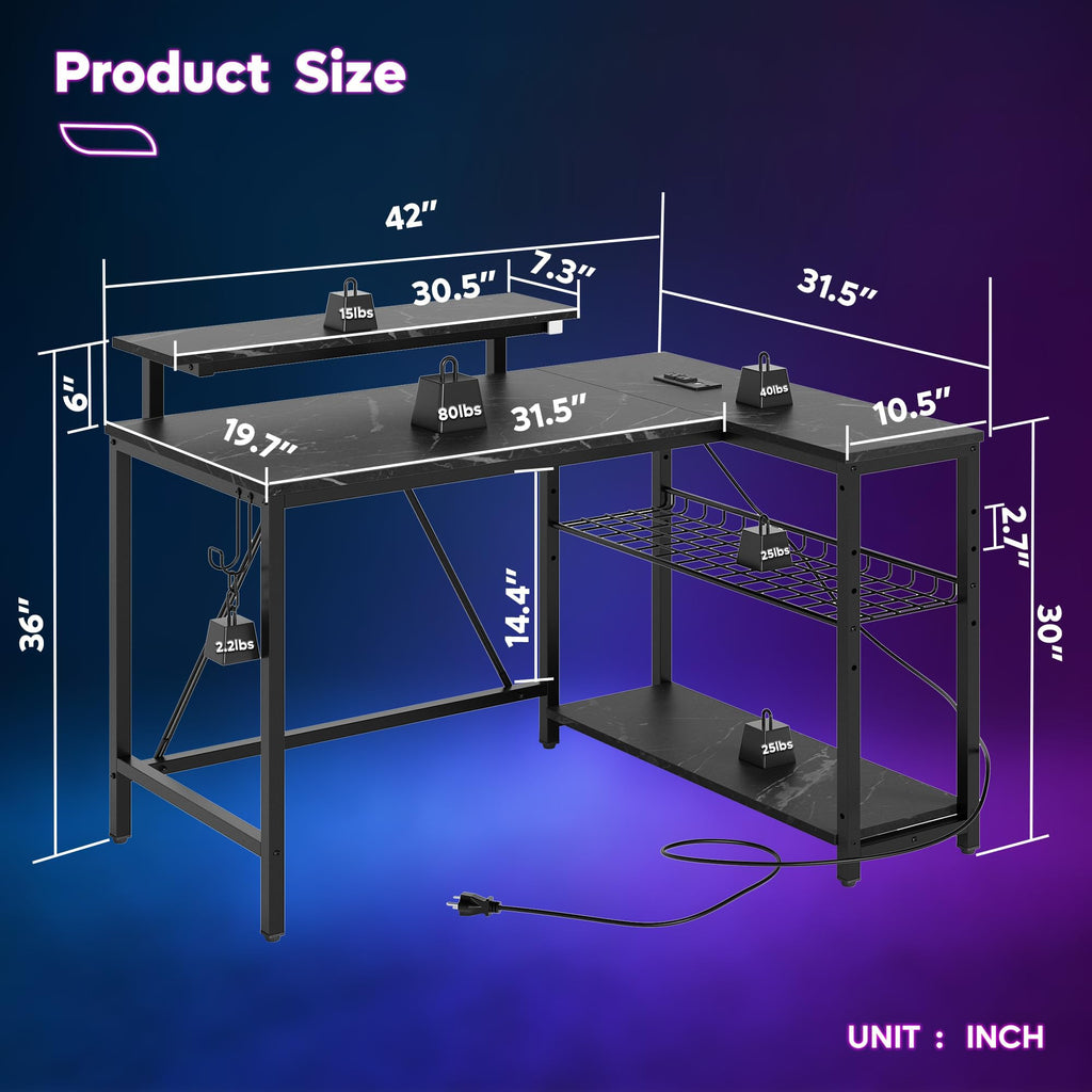 Bestier 42-Inch L-Shaped Computer Desk with Charging & LED, Black