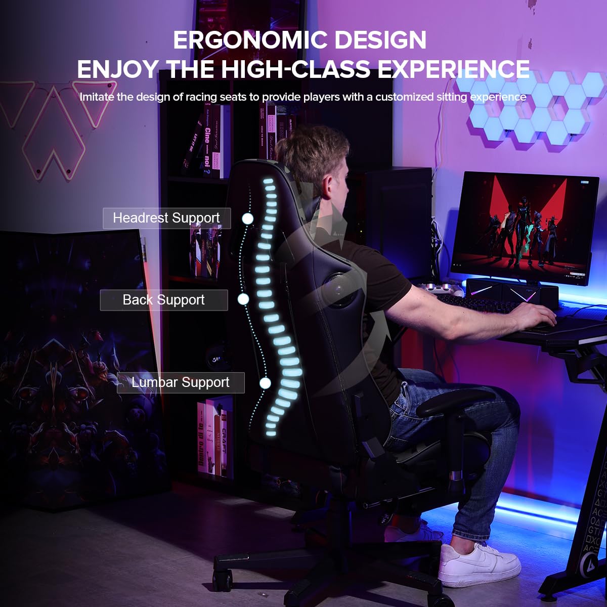 GTPLAYER Gaming Chair with Footrest, Ergonomic Computer Game Desk Chair, Reclining Gamer Chair Seat Height Adjustment, Swivel Rocker with Headrest and Lumbar (Blue)